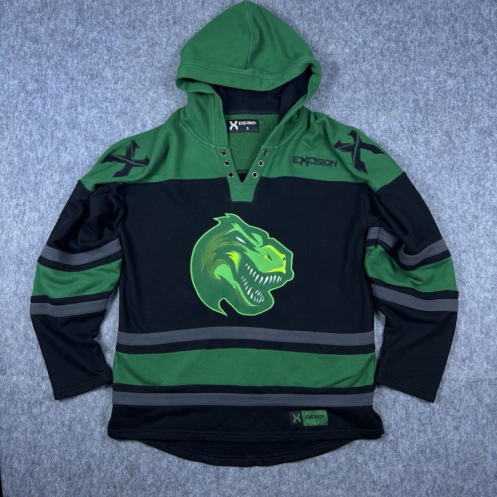 Excision Lost Lands Men's Hockey Jersey Hoodie Green Black Dinosaur Lacer Size S